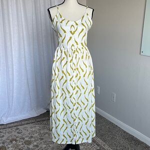 White Green Printed Midi Dress Adjustable Straps Elastic Waist Pockets MP